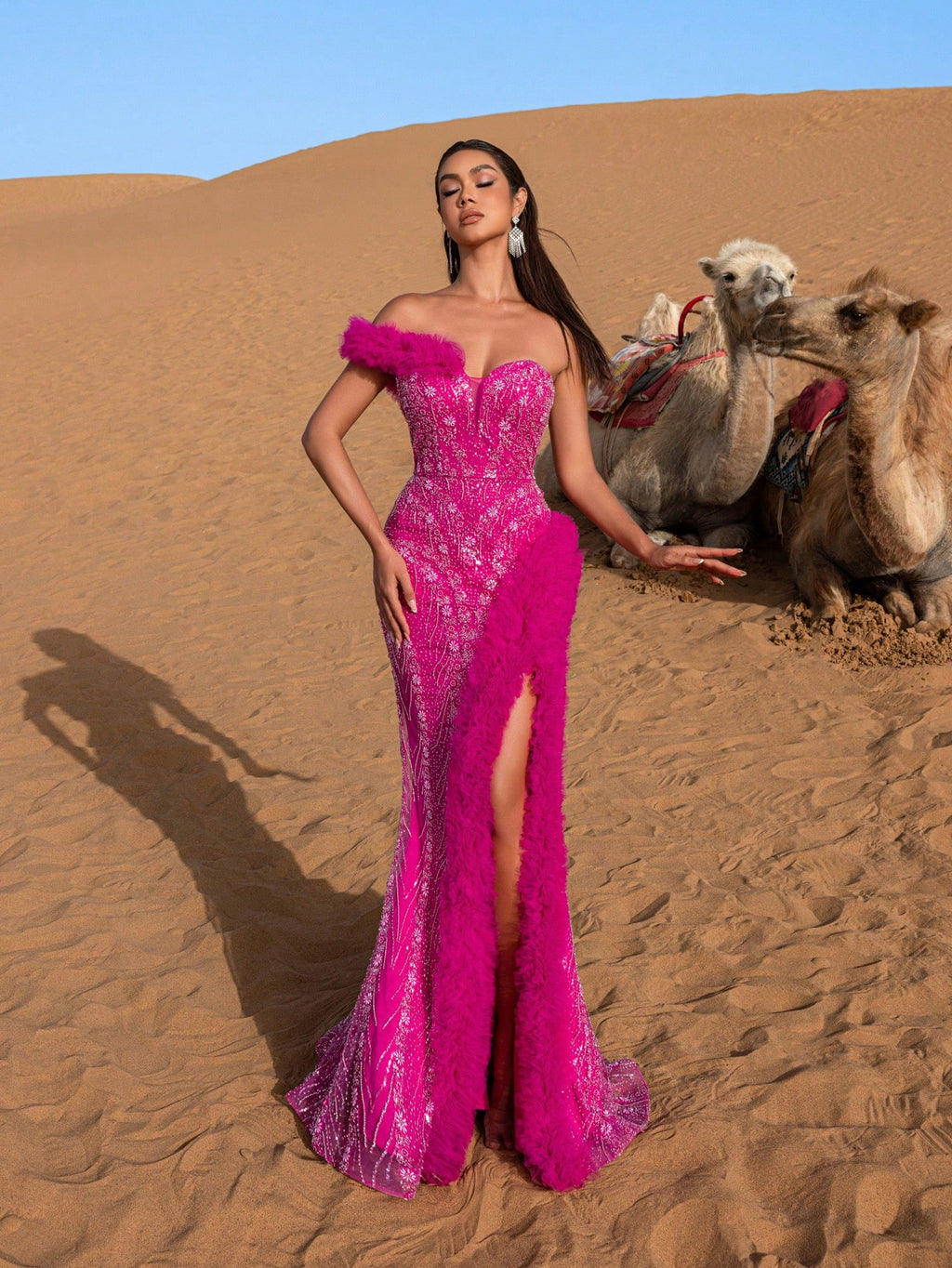 Luxury Ruffle Trim Split Thigh Beaded Sequin Evening Dress