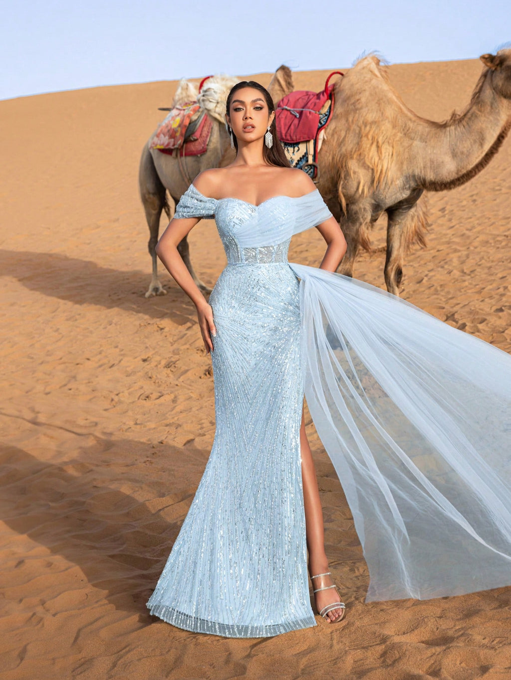 Luxury Gorgeous  Off Shoulder Mermaid Hem Splice Mesh Floral Beaded Sequin Formal Party Dress