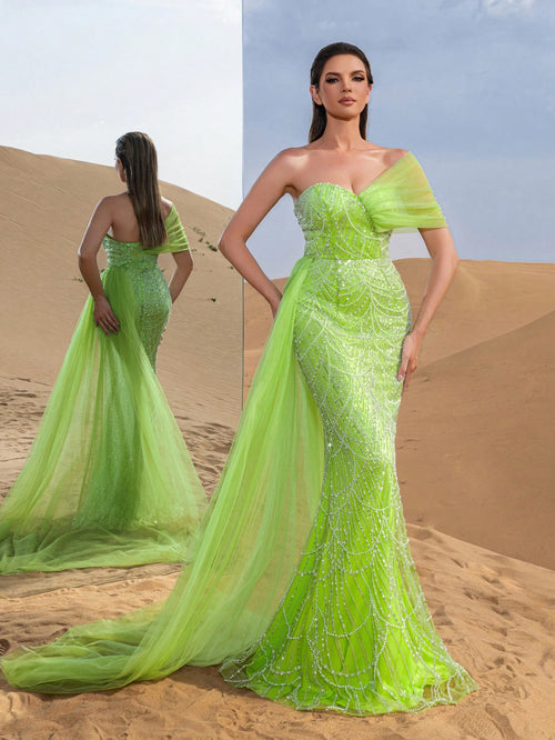 Asymmetrical One Shoulder Draped Side Sequin Prom Beaded Formal Dresses & Evening Gowns Dress & Embellished Dress