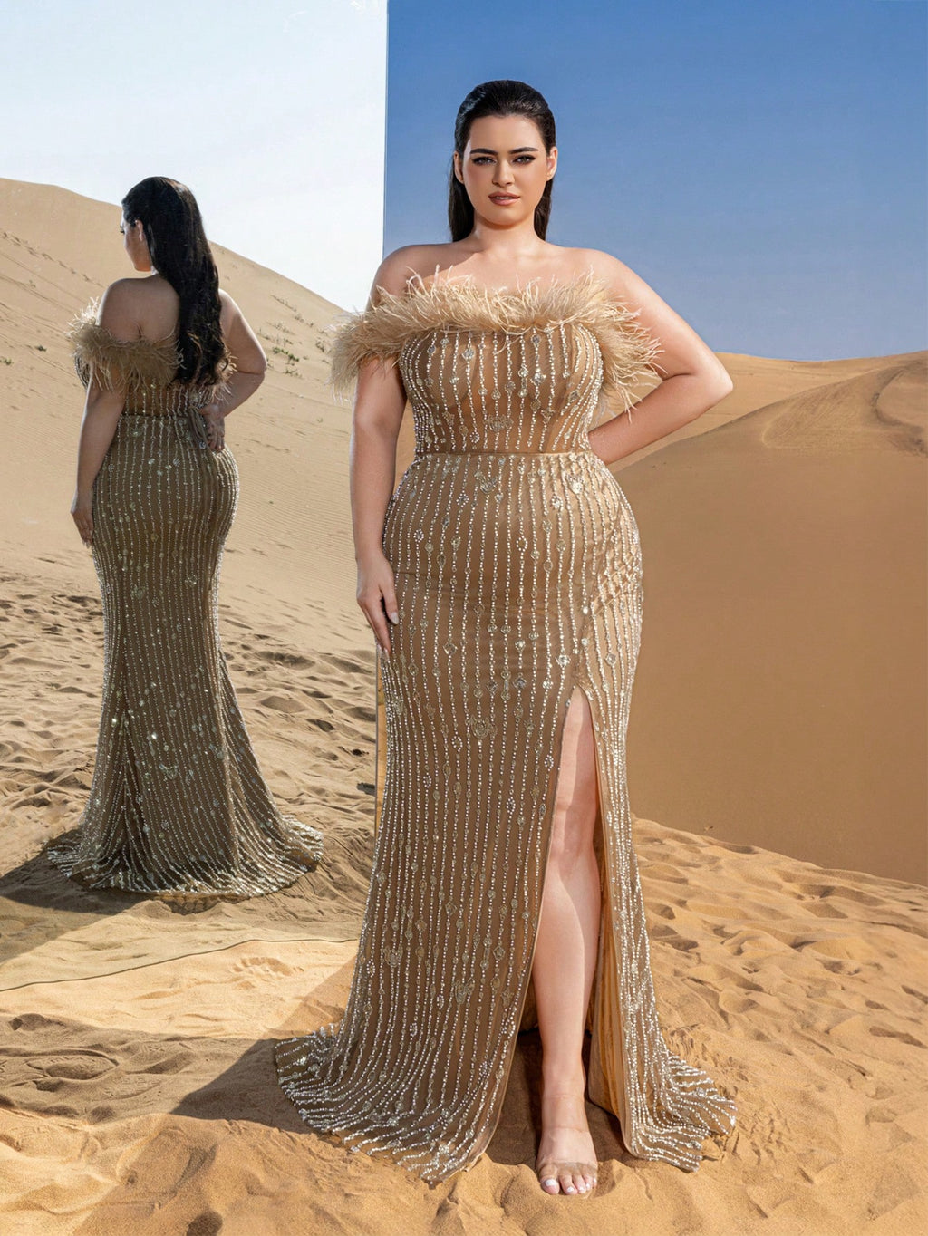 Plus Feather Detail Mermaid Hem Beaded Sequin Evening Dress
