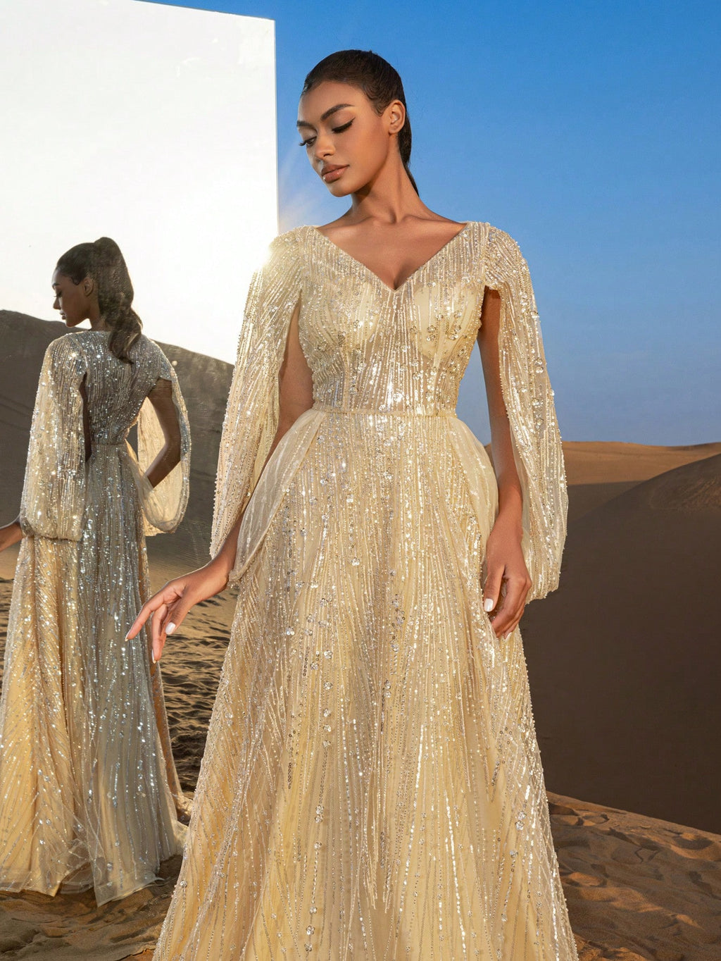Gorgeous Plunging Neck Split Sleeves Beaded Formal Dresses & Evening Gowns
